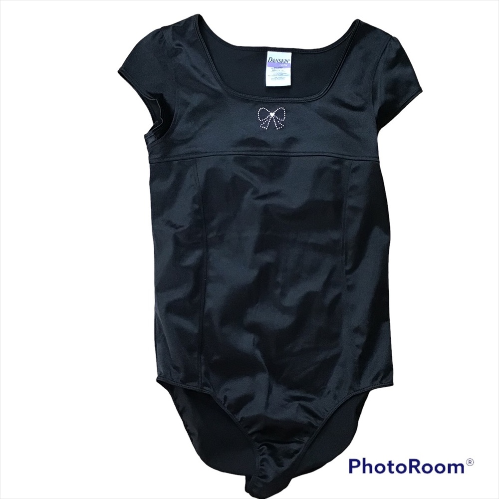 Danskin Now Black Soot Pink Bow‎ Silver Heart Bling Dance Costume Leotard 14/16
